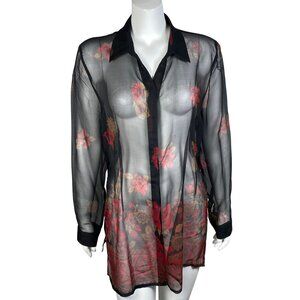 Vintage Tess 100% Silk Sheer Black Floral Button Up Tunic Shirt Womens XL